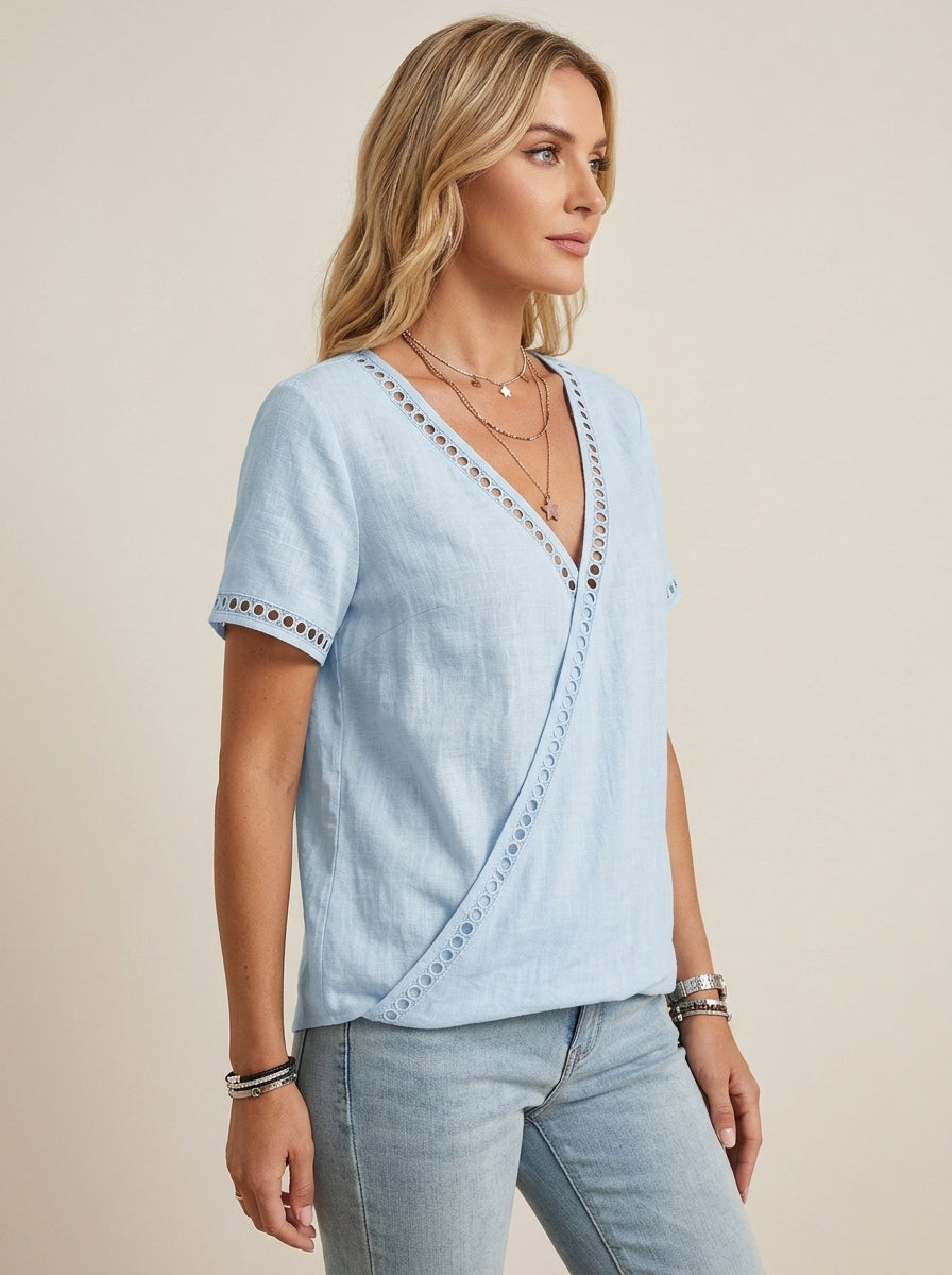 Blue Eyelet Trim V-Neck Blouse - Faux Wrap Short Sleeve Cotton Top