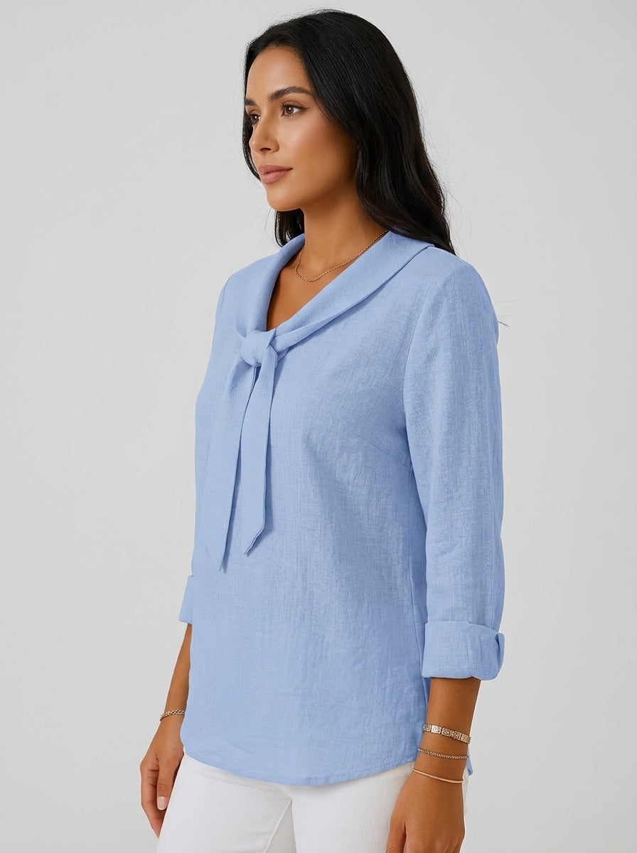 Light Blue Tie-Neck Blouse - Long Sleeve Notched Collar Casual Top