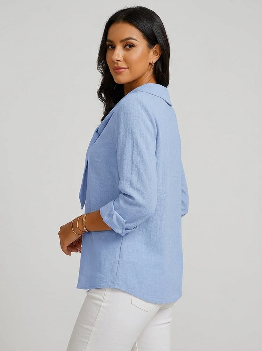 Light Blue Tie-Neck Blouse - Long Sleeve Notched Collar Casual Top