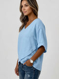 Light Blue V-Neck Blouse - Dolman Sleeve Asymmetric Hem Top