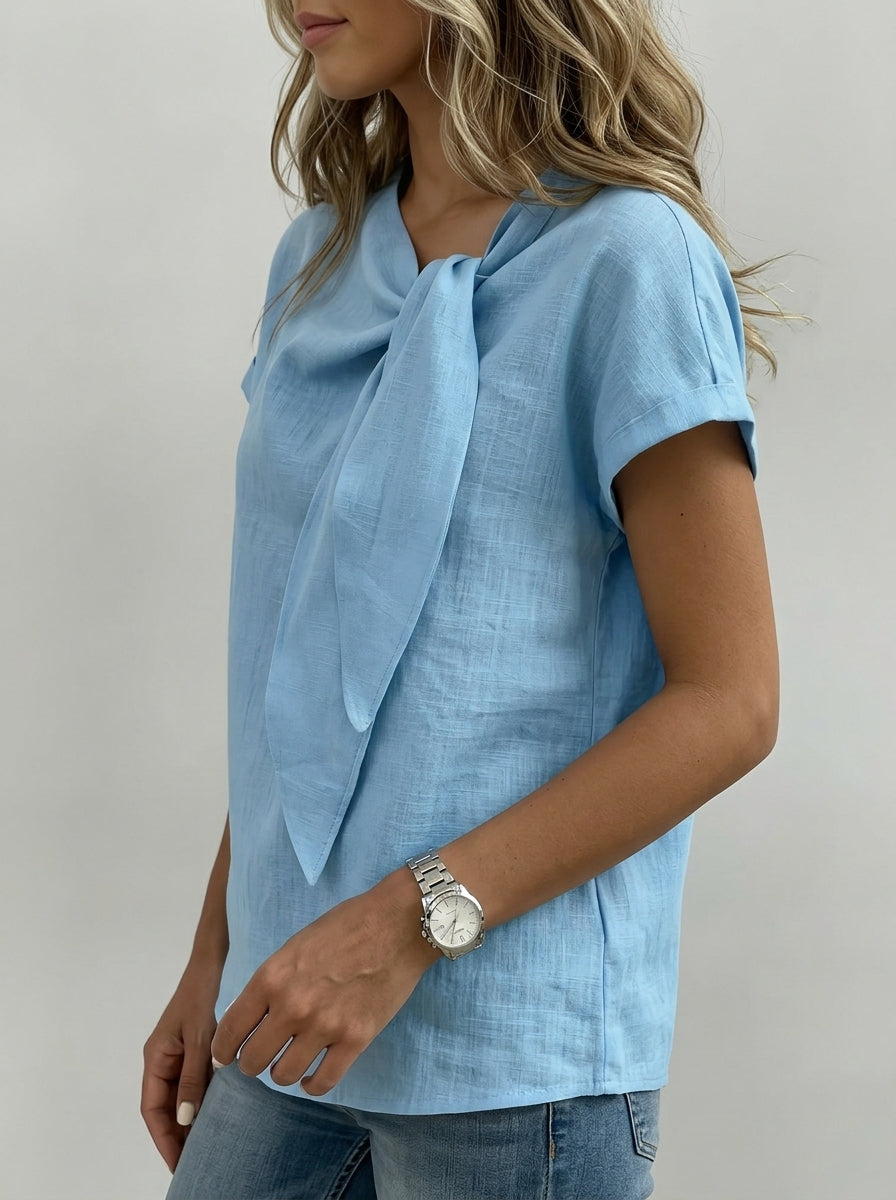 Casual Linen Cotton Tie-Neck Blouse in Light Blue - Short Sleeve Draped Bow Top