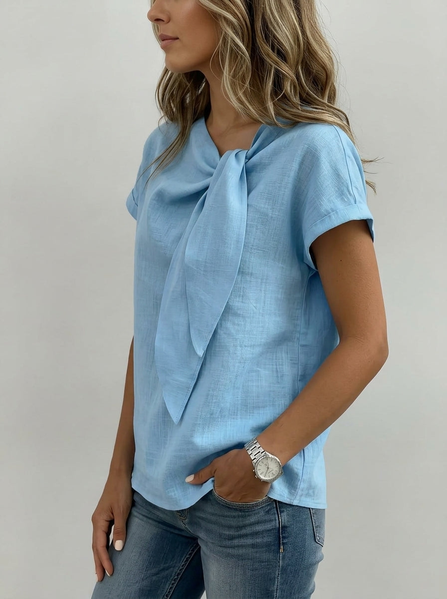 Casual Linen Cotton Tie-Neck Blouse in Light Blue - Short Sleeve Draped Bow Top