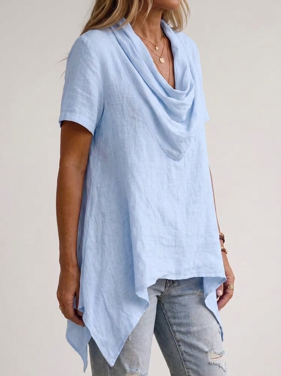Cowl Neck Asymmetric Hem Top - Short Sleeve Handkerchief Blouse