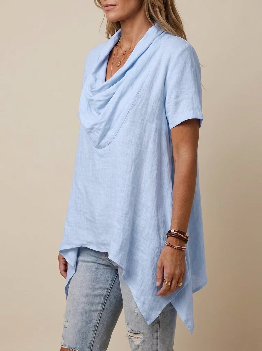 Cowl Neck Asymmetric Hem Top - Short Sleeve Handkerchief Blouse