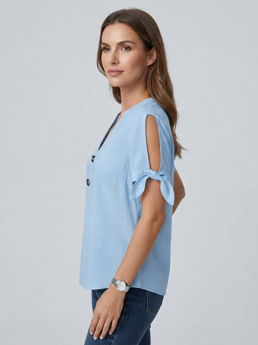 Light Blue Cold Shoulder Top - Tie Sleeve Button V-Neck Blouse