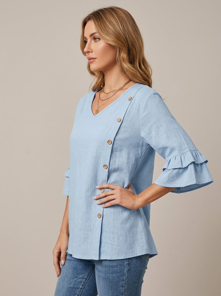 Casual Solid Color Top in Light Blue - Asymmetric Button Trim V-Neck Ruffle Sleeve Top