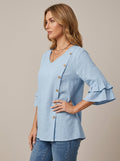 Casual Solid Color Top in Light Blue - Asymmetric Button Trim V-Neck Ruffle Sleeve Top