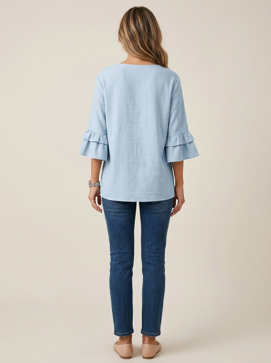 Casual Solid Color Top in Light Blue - Asymmetric Button Trim V-Neck Ruffle Sleeve Top