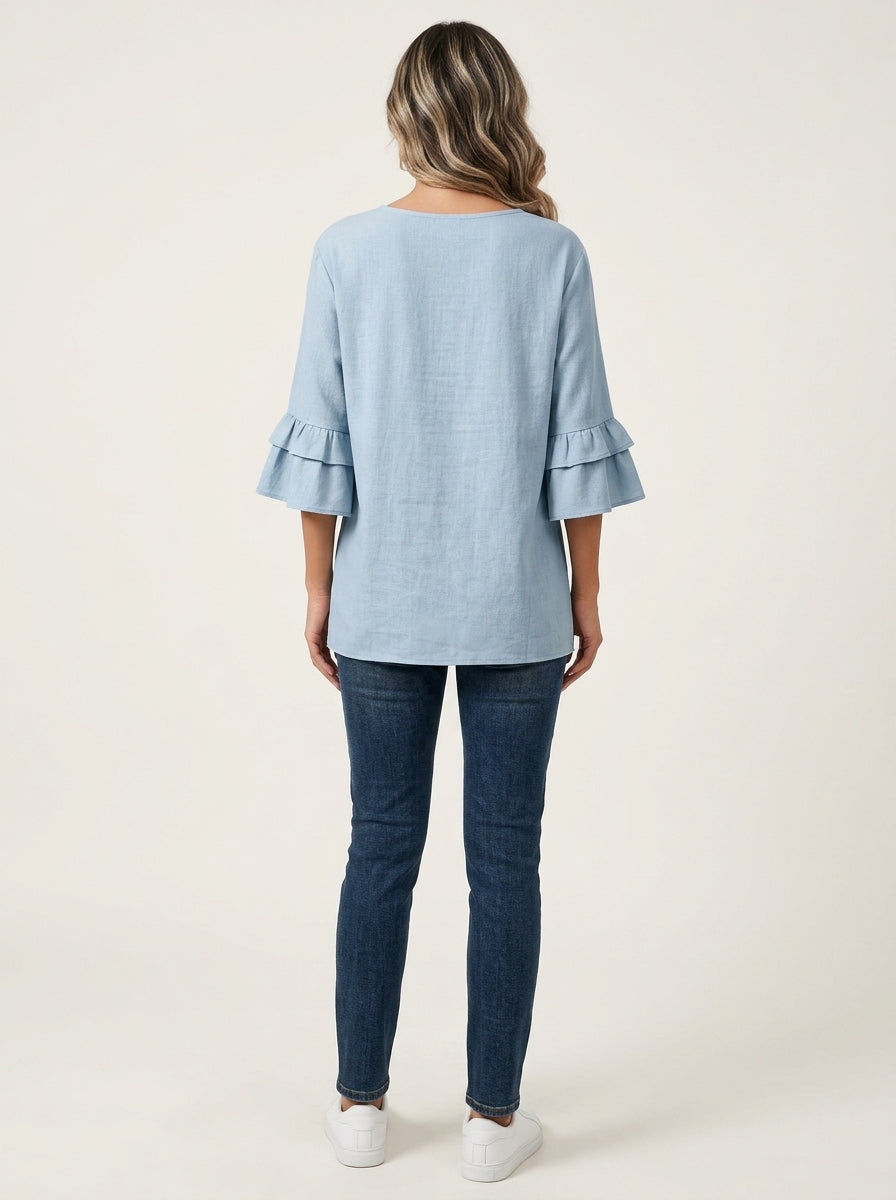 Casual Solid Color Top in Light Blue - Asymmetric Button Trim V-Neck Ruffle Sleeve Top