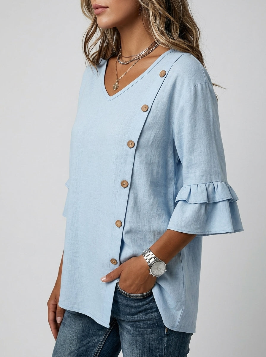 Casual Solid Color Top in Light Blue - Asymmetric Button Trim V-Neck Ruffle Sleeve Top