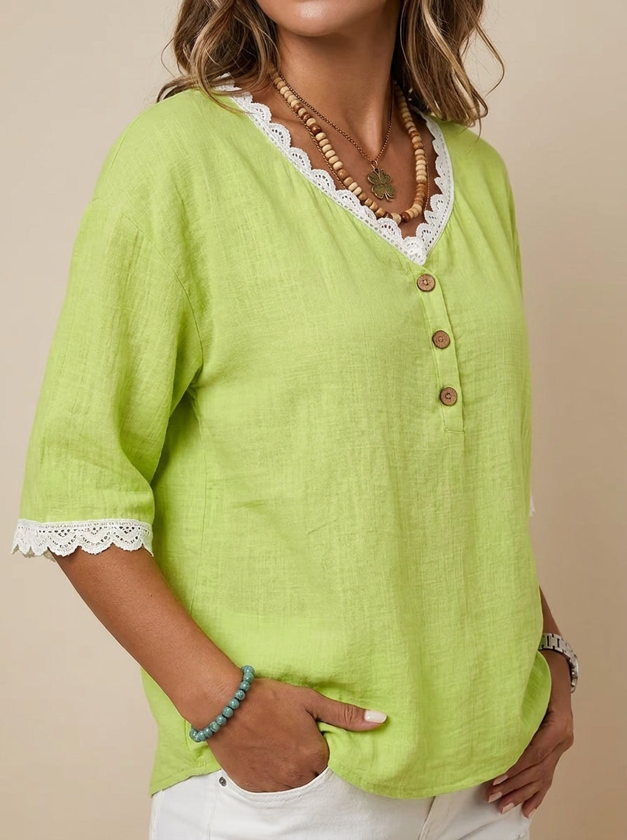 Lace Trim V-Neck Linen Blend Top - Half-Button Bell Sleeve Blouse