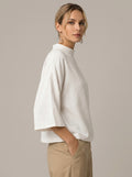Minimalist Cotton Linen Shirt - White Mock Neck Short Sleeve Top