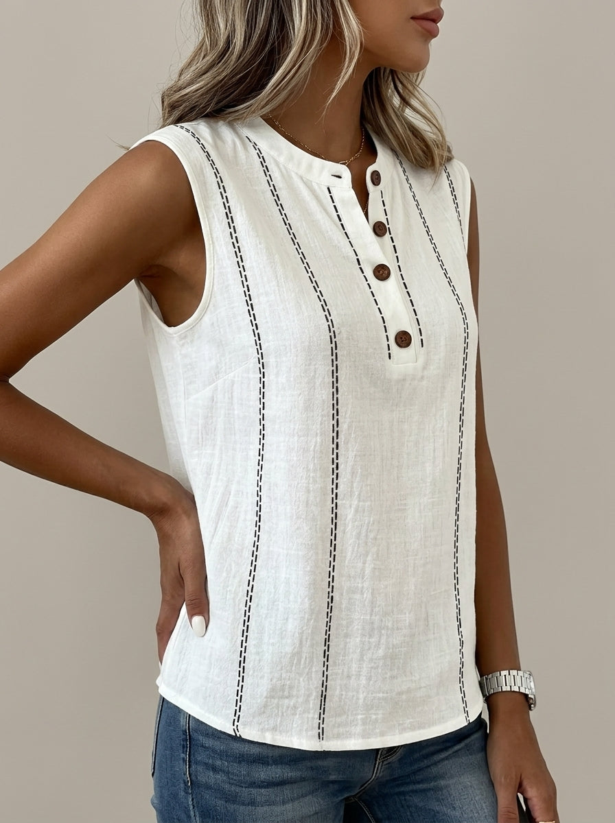 White Contrast Stitch Henley - Sleeveless Mandarin Collar Casual Top