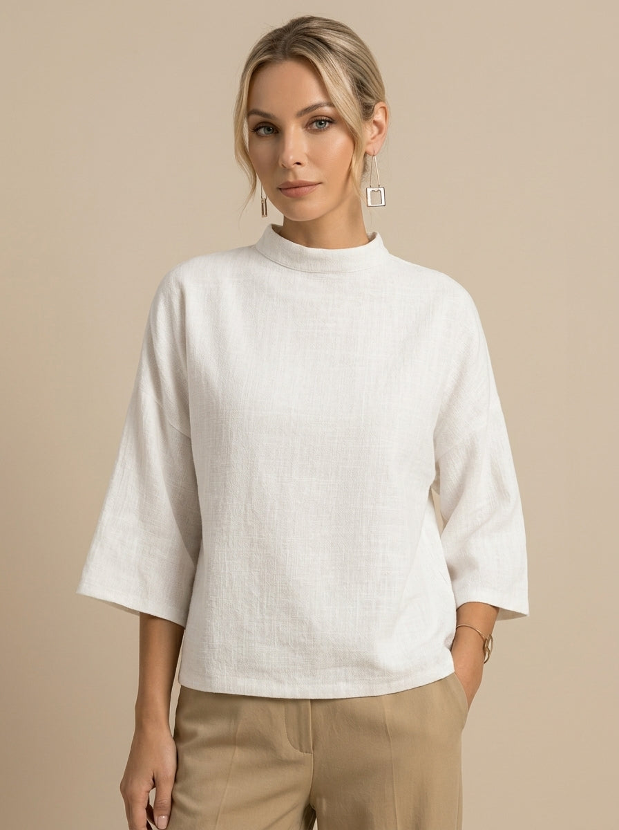 Minimalist Cotton Linen Shirt - White Mock Neck Short Sleeve Top