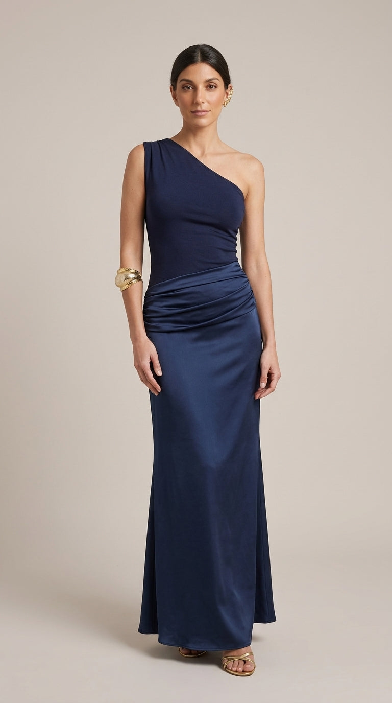 Amira Dress in Navy Blue - One-Shoulder Ruched Maxi Dress
