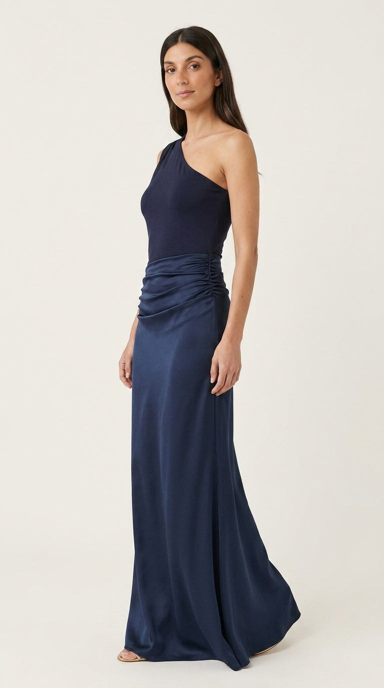 Amira Dress in Navy Blue - One-Shoulder Ruched Maxi Dress
