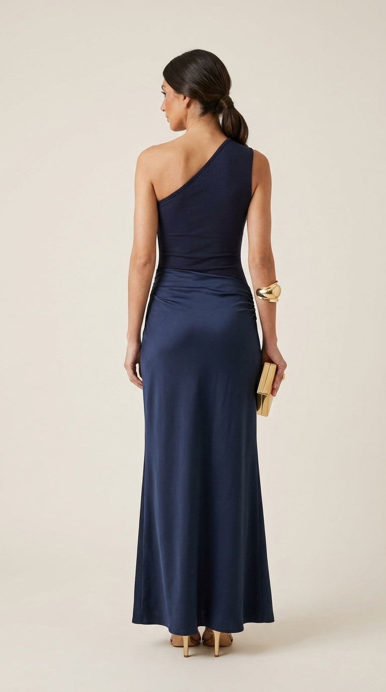 Amira Dress in Navy Blue - One-Shoulder Ruched Maxi Dress