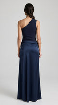 Amira Dress in Navy Blue - One-Shoulder Ruched Maxi Dress