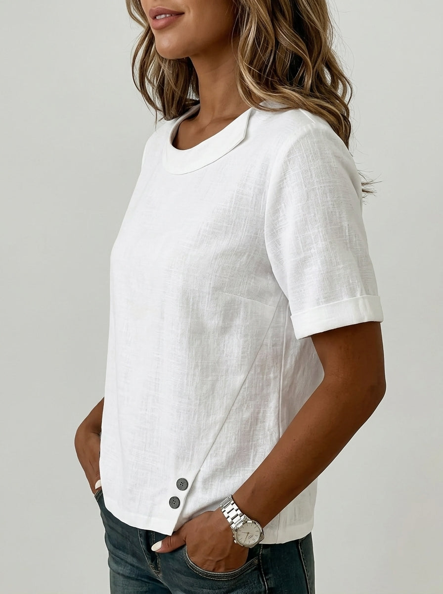 White Contrast Collar Blouse - Retro Cotton Linen Side-Button Top