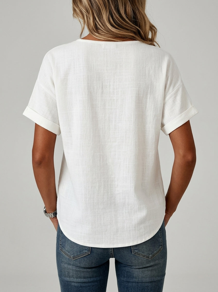 White Asymmetric Button Blouse - V-Neck Patch Pocket Casual Top
