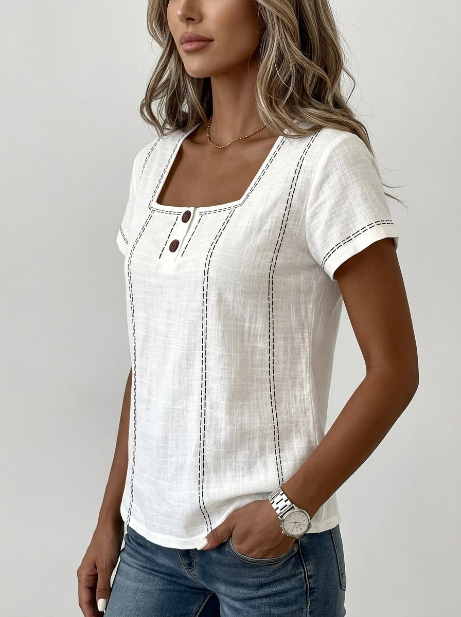 White Square Neck Contrast Stitch Blouse - Two-Button Casual Top