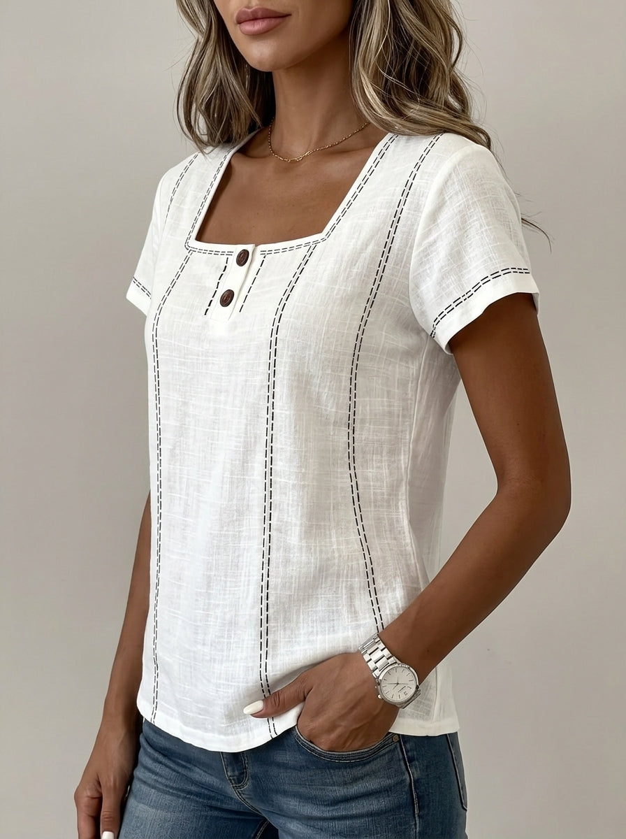 White Square Neck Contrast Stitch Blouse - Two-Button Casual Top