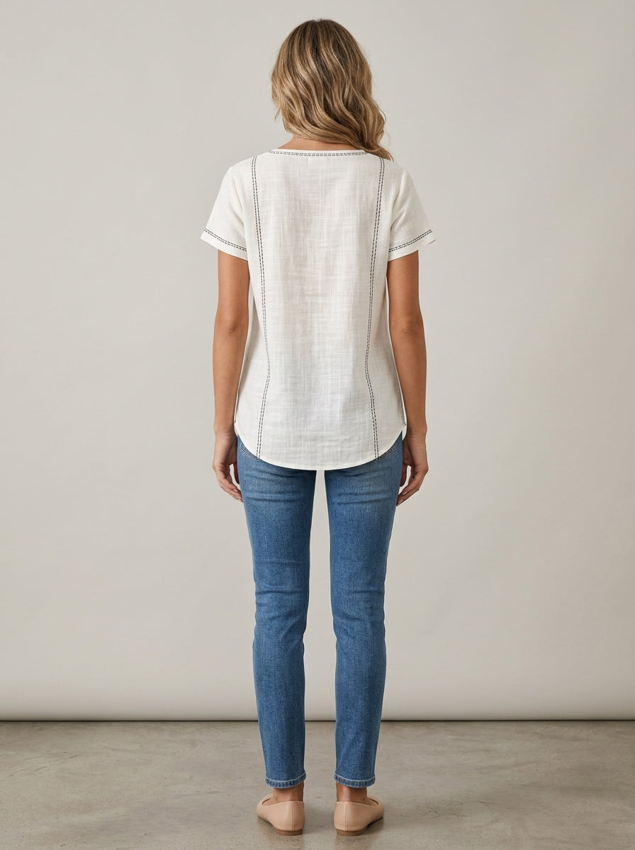 White Square Neck Contrast Stitch Blouse - Two-Button Casual Top