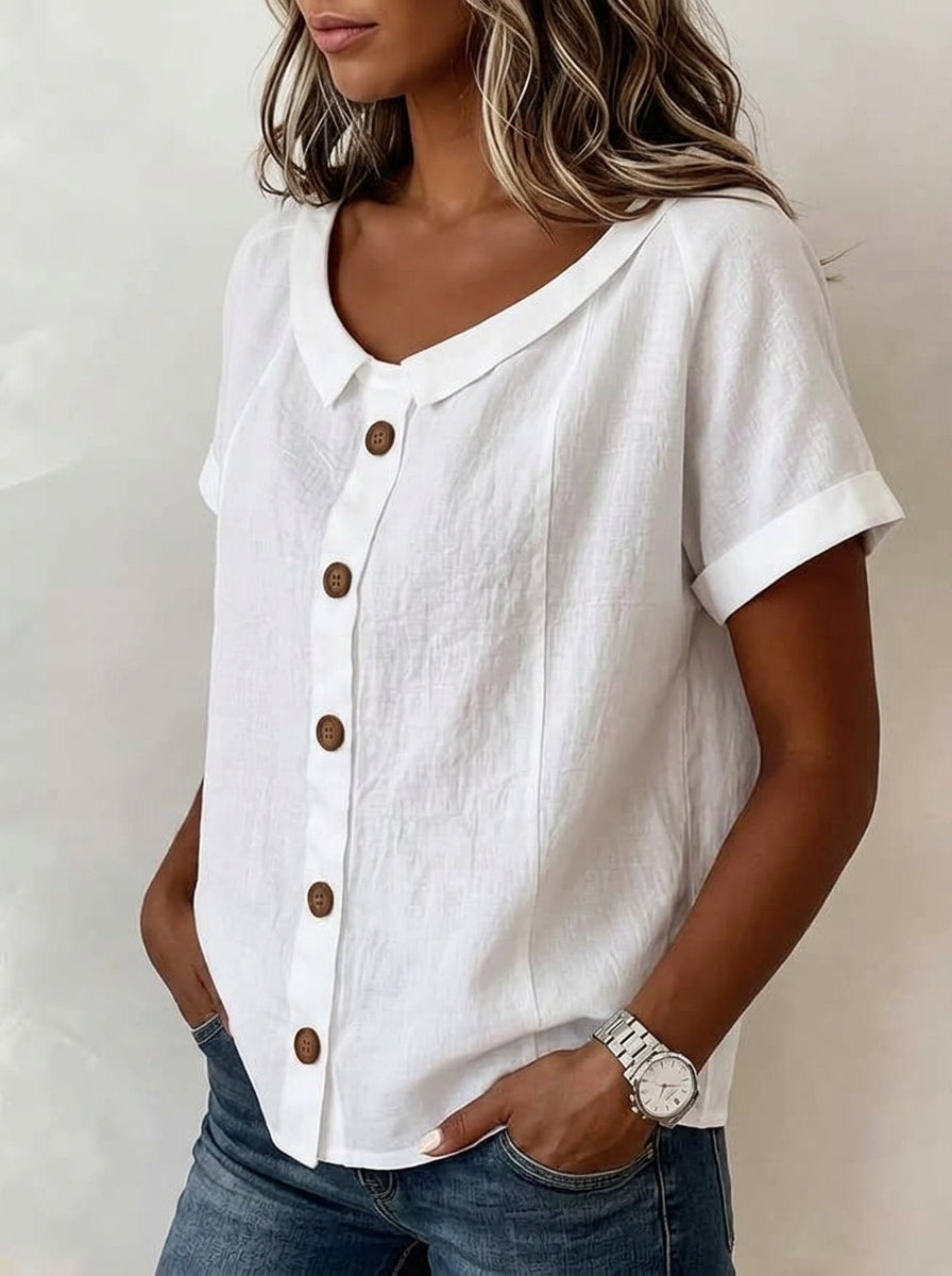 White Collared Button-Front Blouse - Casual Cotton Short Sleeve Top