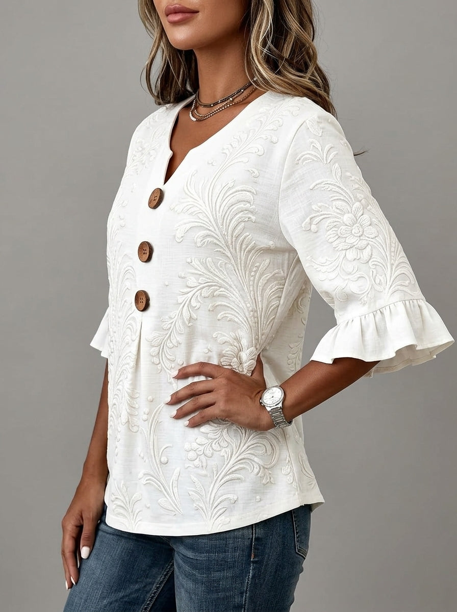 White Tonal Damask Print Blouse - Wood Button Ruffle Sleeve V-Neck