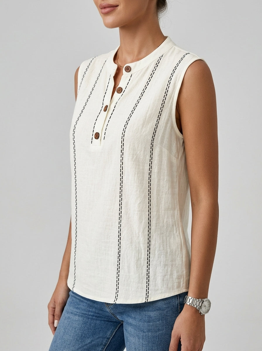 White Contrast Stitch Henley - Sleeveless Mandarin Collar Casual Top
