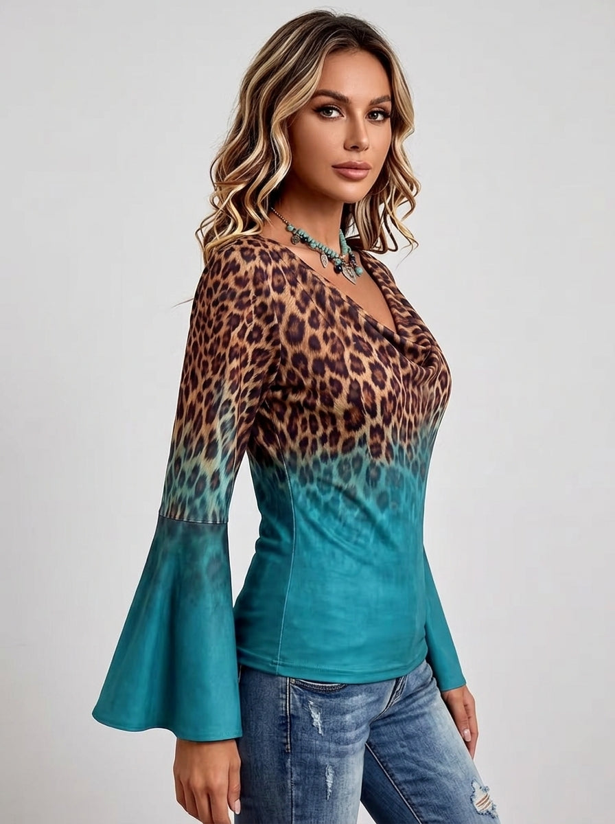 Leopard Print Ombre Cowl Neck Top - Teal Bell Sleeve Blouse