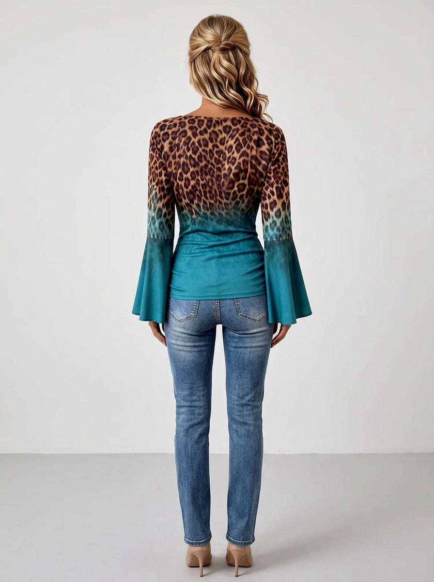 Leopard Print Ombre Cowl Neck Top - Teal Bell Sleeve Blouse