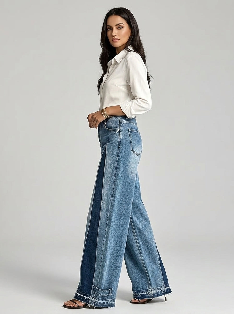 Color-Block Patchwork Wide-Leg Jeans - High-Waist Contrast Denim Pants