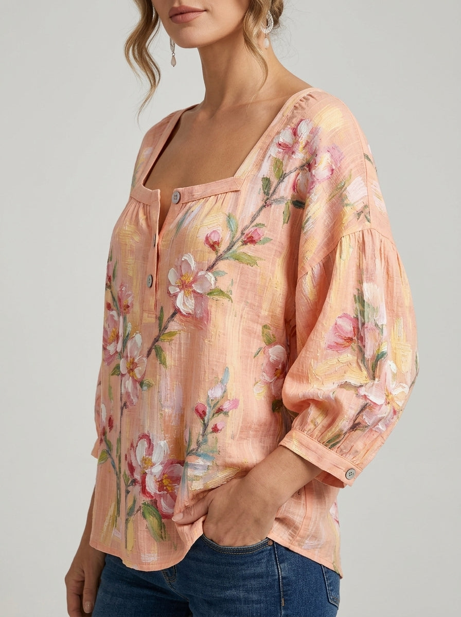 Peach Floral Print Blouse - Square Neck Balloon Sleeve Top