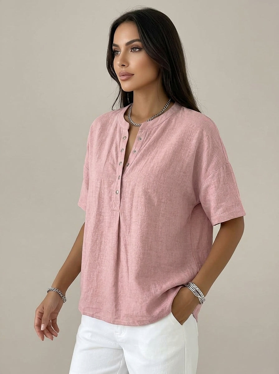 Casual Cotton Linen Henley Top in Dusty Pink - Snap-Button Short Sleeve Blouse