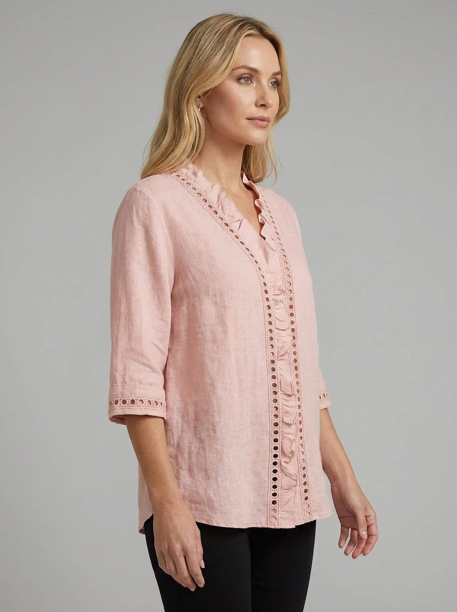 Ruffled Eyelet Lace Trim Blouse - Collared Three-Quarter Sleeve Top