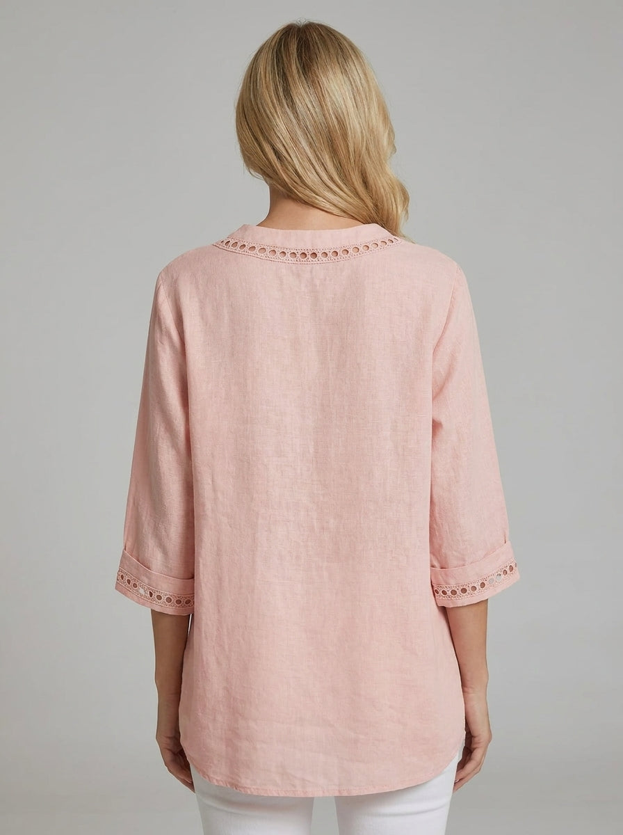 Ruffled Eyelet Lace Trim Blouse - Collared Three-Quarter Sleeve Top