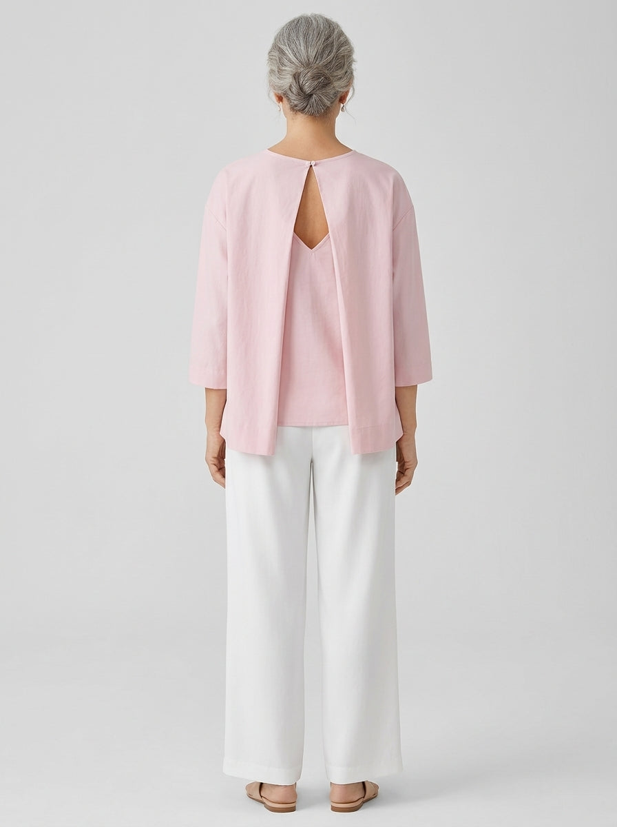 Elegant Cotton Open-Back Blouse in Blush Pink - Round Neck Keyhole Cutout Top
