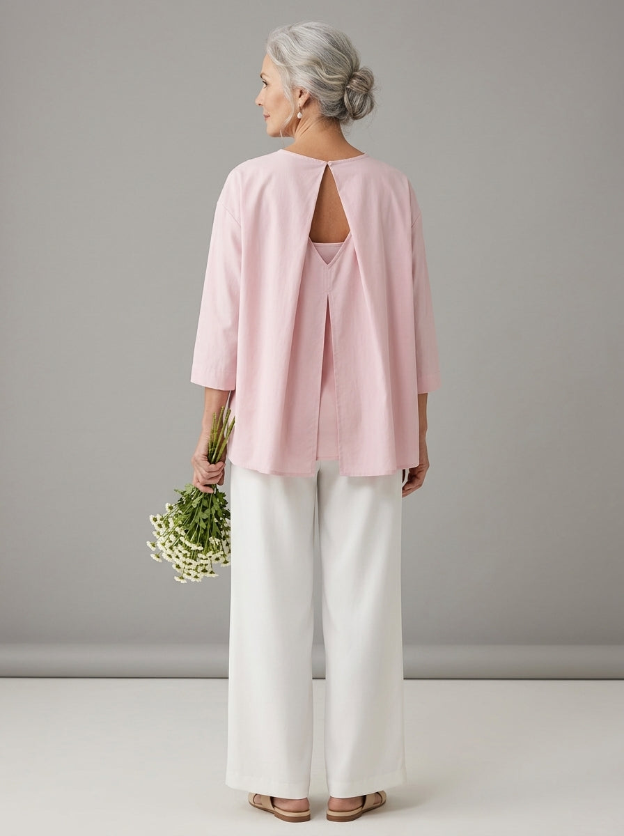 Elegant Cotton Open-Back Blouse in Blush Pink - Round Neck Keyhole Cutout Top