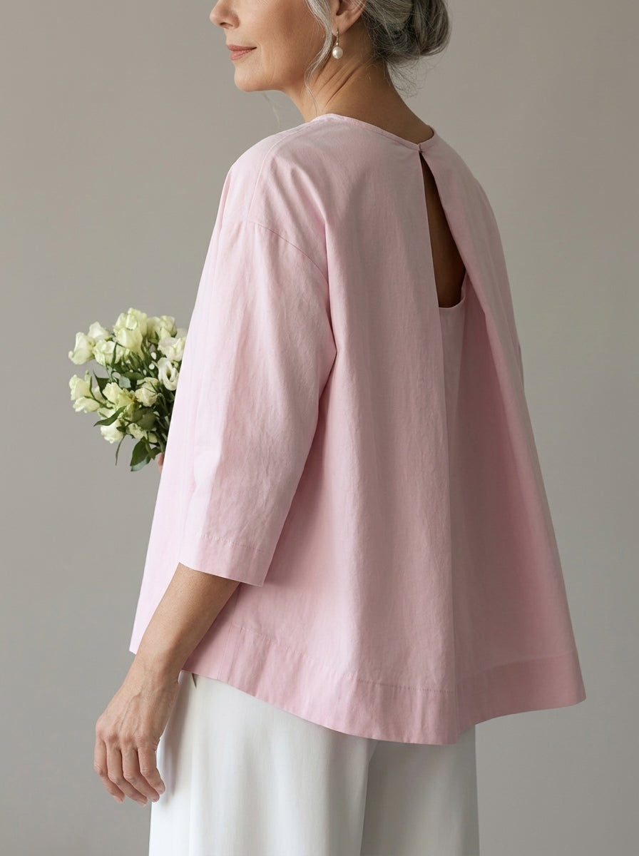 Elegant Cotton Open-Back Blouse in Blush Pink - Round Neck Keyhole Cutout Top