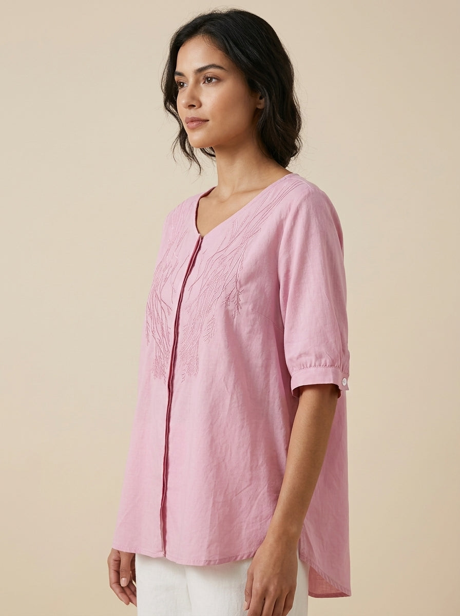 Versatile Embroidered Blouse - Pink V-Neck Half Sleeve Loose Top