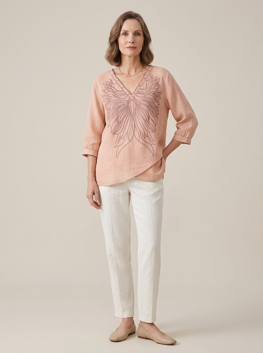 Boho Casual Cotton Blouse - Pink Embroidered V-Neck 3/4 Sleeve Top