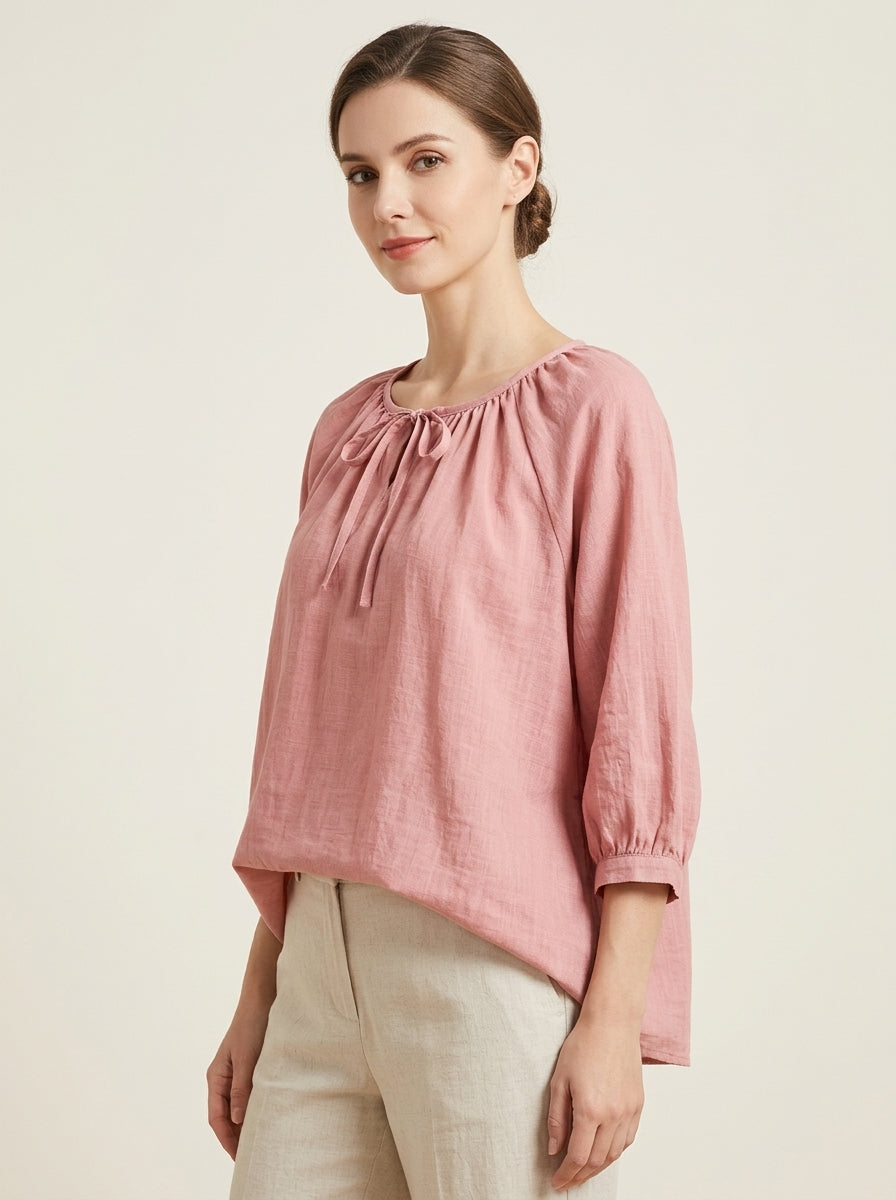 Loose Casual Cotton Blouse - Pink Tie-Neck 3/4 Sleeve Top