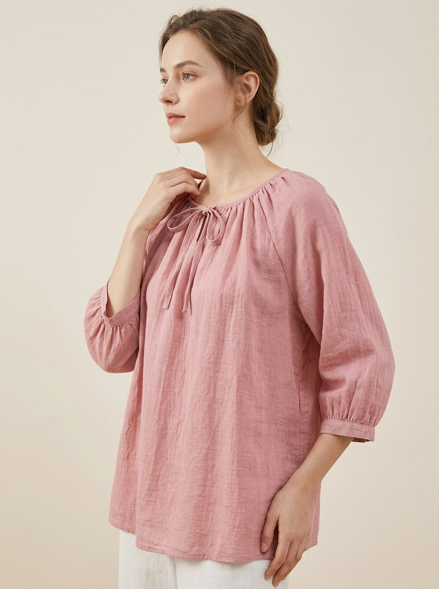 Loose Casual Cotton Blouse - Pink Tie-Neck 3/4 Sleeve Top