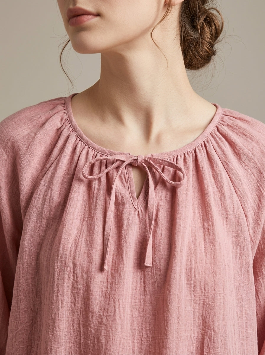 Loose Casual Cotton Blouse - Pink Tie-Neck 3/4 Sleeve Top