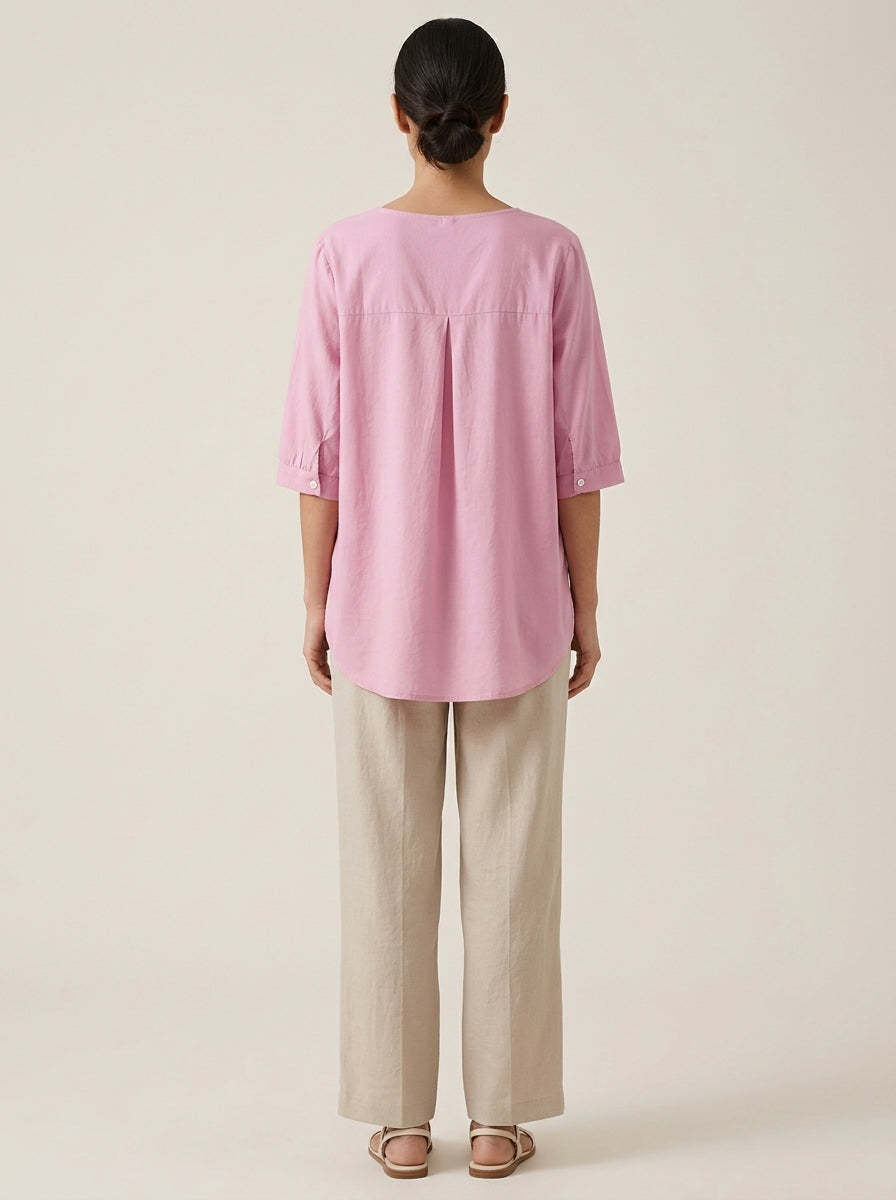 Versatile Embroidered Blouse - Pink V-Neck Half Sleeve Loose Top