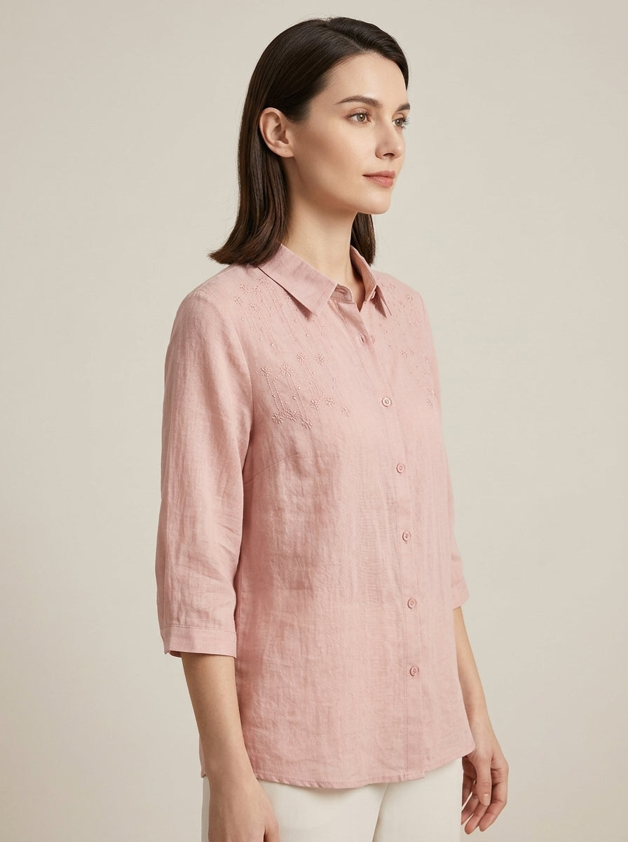 Retro Loose Cotton Shirt - Pink Embroidered Collar 3/4 Sleeve Top