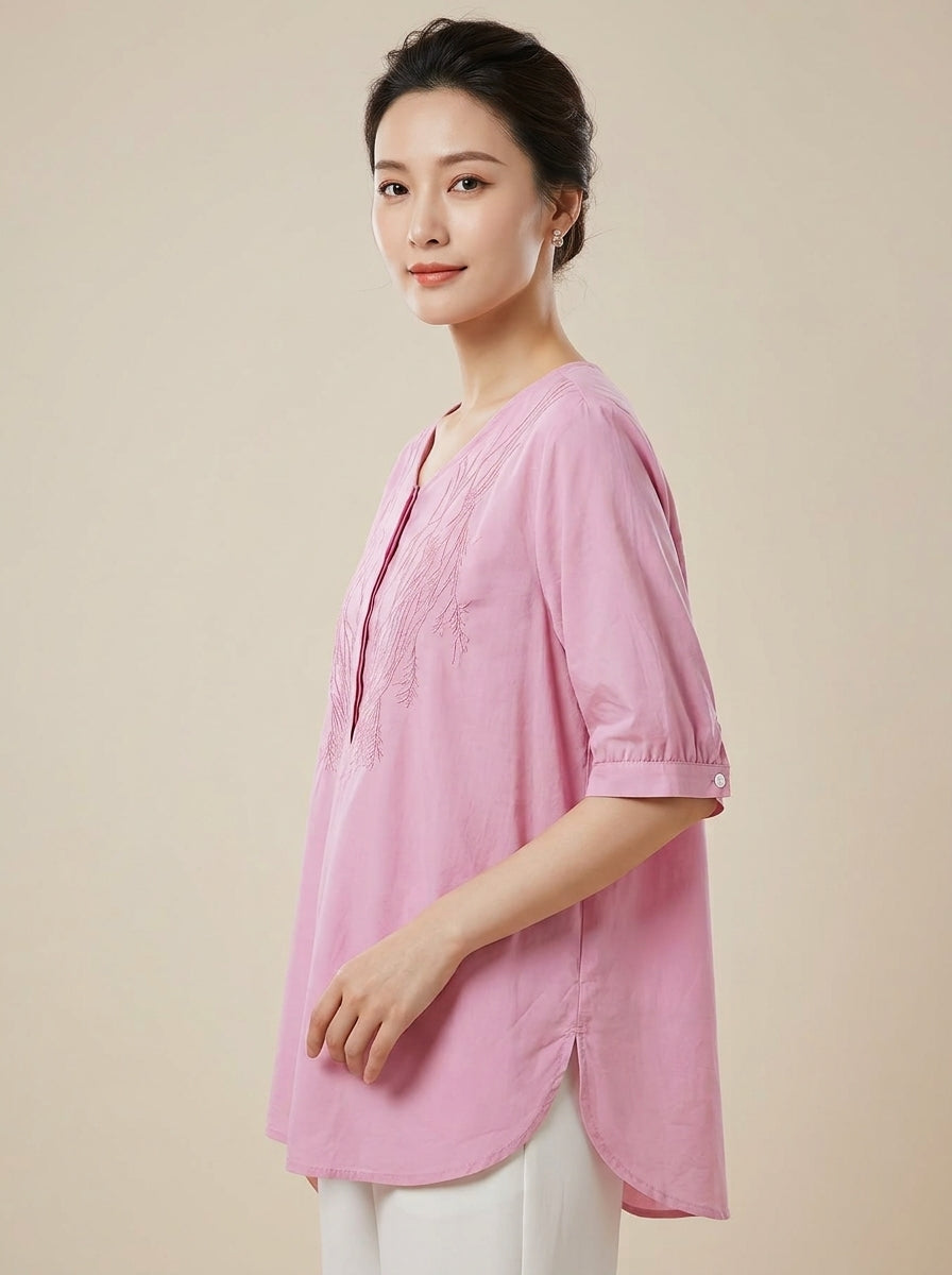 Versatile Embroidered Blouse - Pink V-Neck Half Sleeve Loose Top