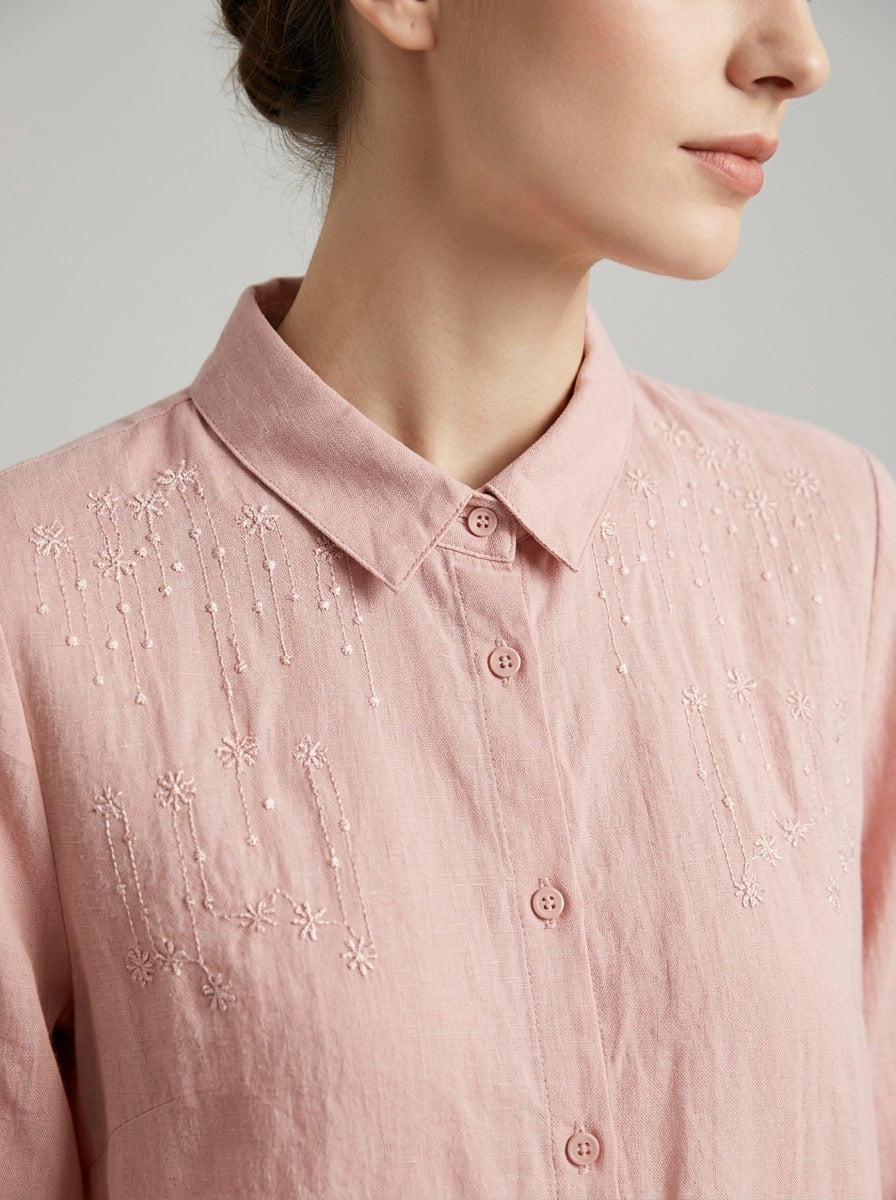 Retro Loose Cotton Shirt - Pink Embroidered Collar 3/4 Sleeve Top