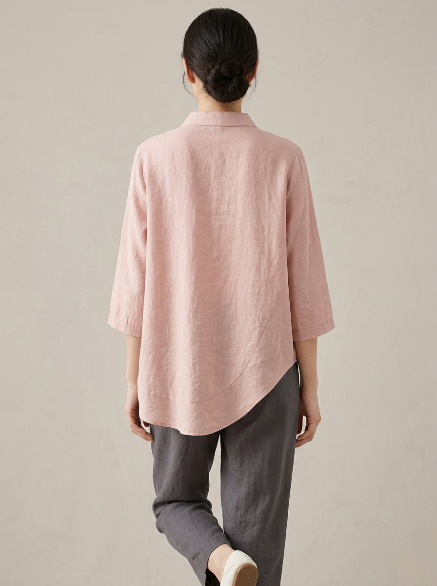Retro Loose Cotton Shirt - Pink Embroidered Collar 3/4 Sleeve Top